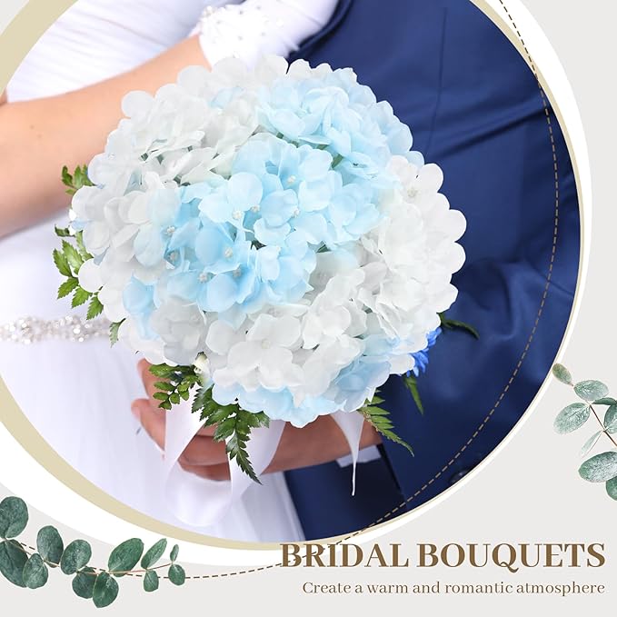 Zeyune 200 Pcs Hydrangea Artificial Flowers, Silk Flower Heads with Stems, Fake Hydrangea Bouquet for Wedding Arch Centerpiece DIY Floral Home Decoration (White and Blue)