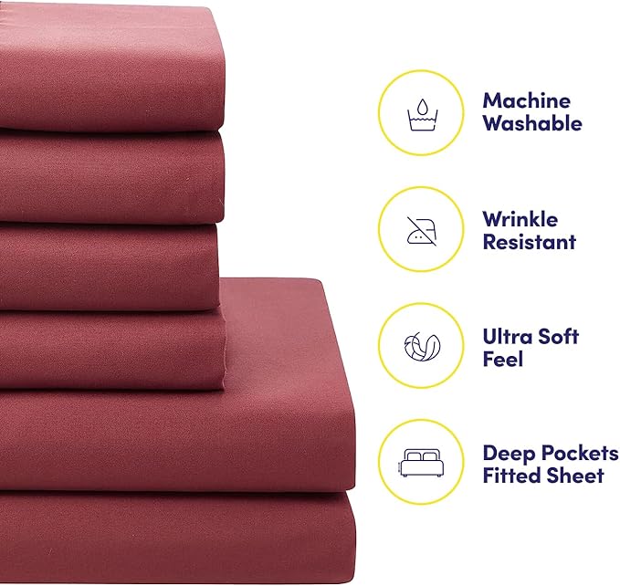 Sweet Home Collection 7 Piece Comforter Set Bag Solid Color All Season Soft Down Alternative Blanket & Luxurious Microfiber Bed Sheets, Burgundy, Queen