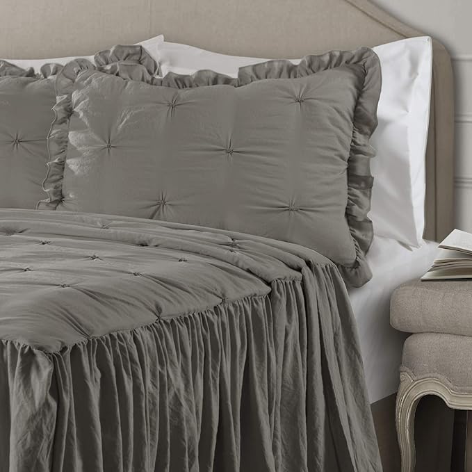 Lush Decor Ravello Pintuck Ruffle Skirt Bedspread Set - Luxe 2 Piece Ruffled Bedding Set - Traditional Glam & Farmhouse Inspired Bedroom Decor - Twin, Dark Gray