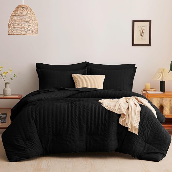 CozyLux Oversized King Comforter Set Black Seersucker 7 Pieces 120x98 Bed in a Bag Comforter Set with Sheets, Luxury Soft Bedding Sets with Down Alternative Comforter, Sheets, Pillowcases & Shams