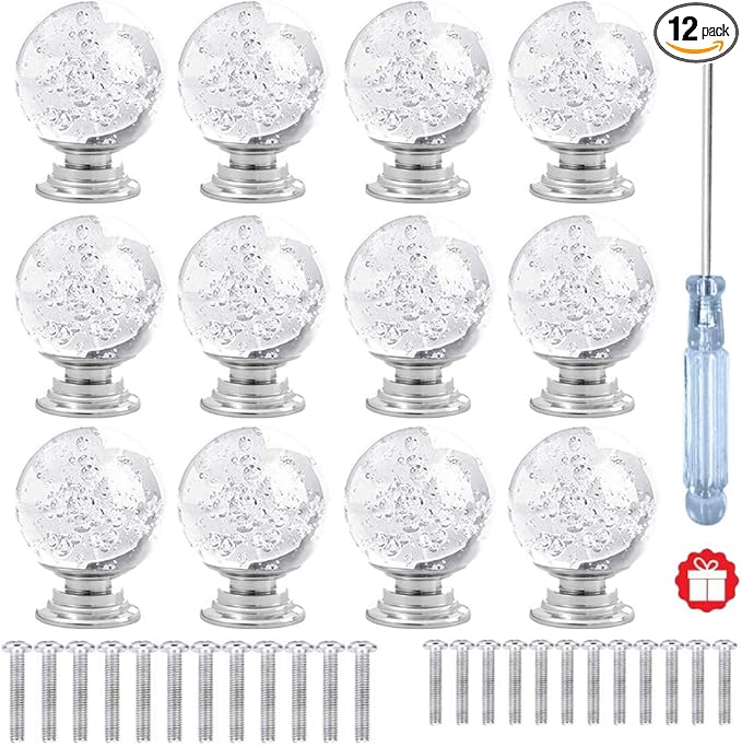 12 Pcs 30mm Round Shape Bubble Crystal Glass Cabinet Knobs with Screws Drawer Knob Pull Handle Used for Kitchen, Dresser, Door, Cupboard (Clear)
