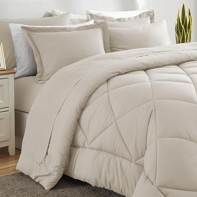 CozyLux Oversized Queen Comforter Set Beige - 7 Pieces Bed in a Bag Comforter Set with Sheets, Luxury Soft Bed Set All Seasons, Bedding Set with Down Alternative Comforter, Sheets, Pillowcases & Shams