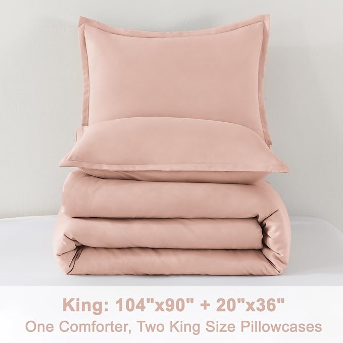 Litanika Pink Comforter Set King Size, 3 Pieces Blush Plain Bedding Comforter Set, All Season Bed Set (90x90In Comforter & 2 Pillowcases)