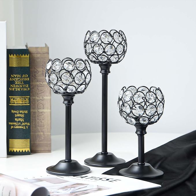 12pcs Bulk Crystal Candle Holders Set, 3 Sizes Tealight Candlestick Holders for Wedding Table Centerpiece, Fireplace Candelabra, Home Decor – Black (Kehail)