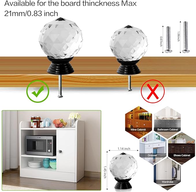 12 Pcs 30mm Round Shape Crystal Glass Cabinet Knobs with Screws Drawer Knob Pull Handle Used for Kitchen, Dresser, Door, Cupboard(Black B Clear)