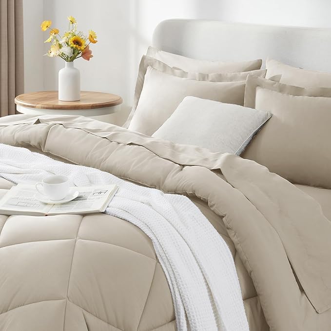 CozyLux California King Comforter Set Oatmeal - Cal King Bed in a Bag 7 Pieces, Luxury Soft Bed Set for All Seasons, Bedding Set with Down Alternative Comforter, Sheets, Pillowcases & Shams