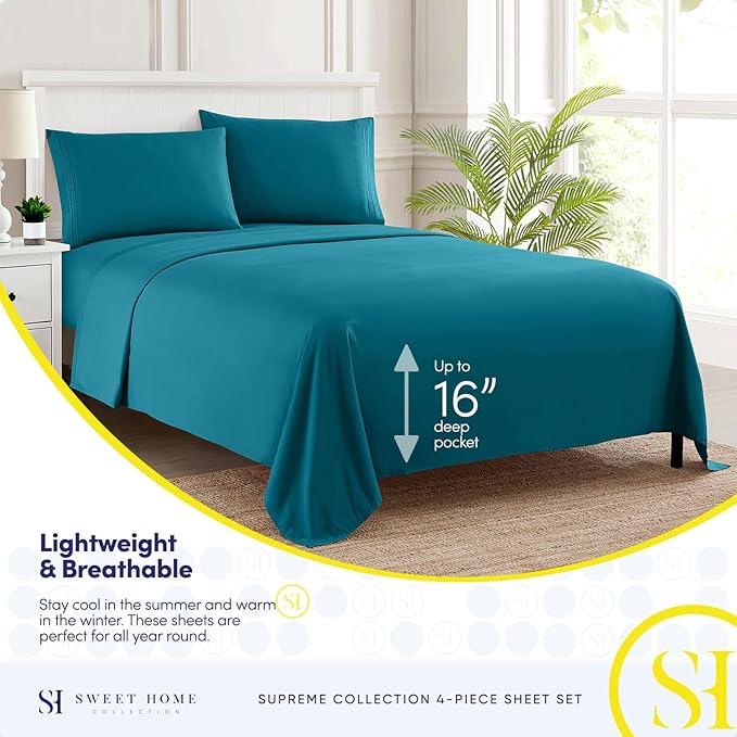 Twin Sheets - Breathable Luxury Sheets with Full Elastic & Secure Corner Straps Built In - 1800 Supreme Collection Extra Soft Deep Pocket Bedding Set, Sheet Set, Twin, Teal