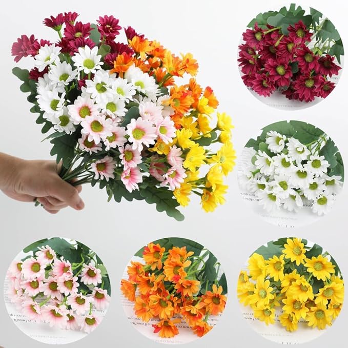 Artificial Mums for Outdoors, Faux Sunset Mum Flowers Planters for Indoor Outside Decor, Fake Look Real, Vibrant, UV Resistant, Waterproof, Windproof (White, 10 Bundle)
