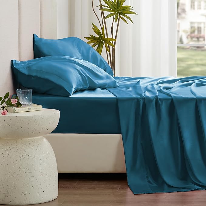 Love's cabin Twin XL Satin Sheet Sets - 3 Piece Teal Silky Bed Sheets with Deep Pockets, Luxury Silk Feel Satin Sheet Set Twin XL (1 Flat Sheet,1 Fitted Sheet,1 Pillow case)