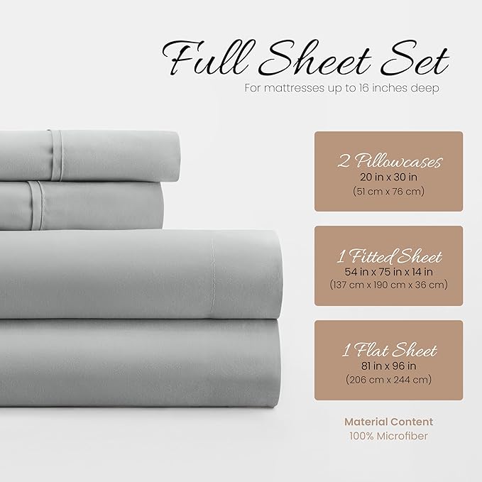 Linen Market Double-Brushed Microfiber Full Sheet Set 4 Piece – Oeko-TEX Certified Ultra Soft & Wrinkle-Free - 16" Deep Pocket Sheets - Easy Care Full Size - Light Gray