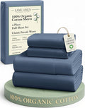 LANE LINEN Eco Friendly 100% Organic Cotton Fully Elasticized Full Sheet Set, Low Pilling Fade Resistant Machine Washable Naturally Cooling Full Bed Sheets, Soft & Comfy Cotton Bedding - Estate Blue