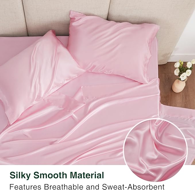 Love's cabin 4Piece California King Satin Bed Linen Set, Pink Silky Satin Sheets, Deep Pocket, Luxury Silk Feel, 1 Flat, 1 Fitted Sheet, 2 Pillow Cases