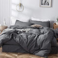 MooMee Bedding Duvet Cover Set 100% Washed Cotton Linen Like Textured Breathable Durable Soft Comfy (Heathered Dark Grey, Full 80"x90")