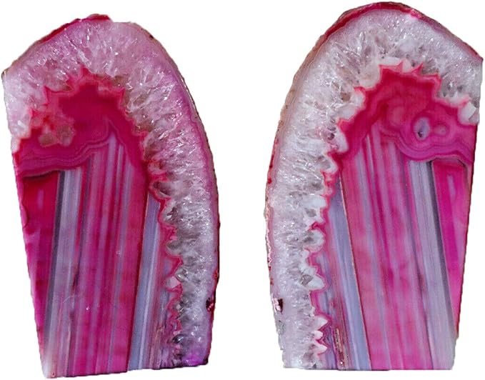 AMOYSTONE 2-3 Lbs Small Agate Bookends 1 Pair Natural Crystal Dyed Pink Decorative Book Stopper for Books Movies Cds