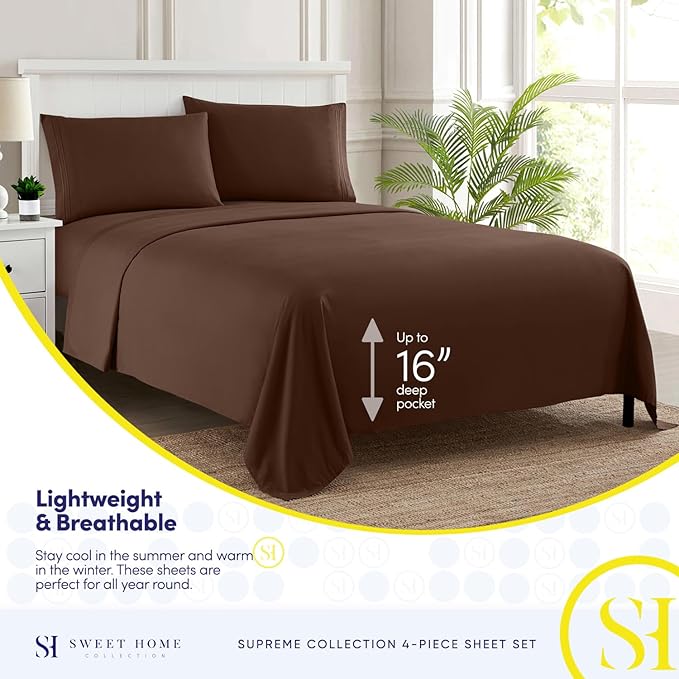 California King Sheet Sets - Breathable Luxury Sheets with Full Elastic & Secure Corner Straps Built In - 1800 Supreme Collection Cal King Deep Pocket Bedding Set, Sheet Set, California King, Brown