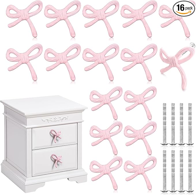 16 Pcs Bow Knobs for Dresser Matel Bow Drawer Knobs Vintage Dresser Handles Cabinet Drawer Pulls for Home Bedroom Kitchen Cabinets Hardware Cupboard (Pink,Classic Style)