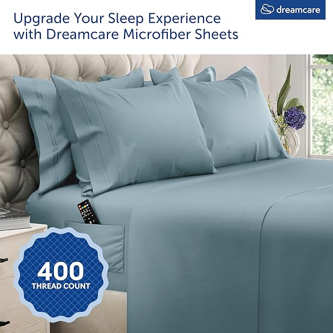 DREAMCARE Queen Sheet Set – 6 pcs Cooling Bed Sheets – up to 15” Deep Sheets Queen Size Bed Set – 2500 Supreme Collection – Extra Soft 100% Brushed Microfiber Hotel Luxury with Side Pocket – M Blue