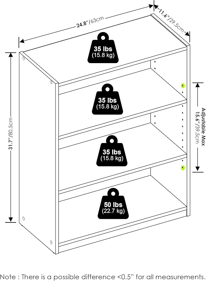 Furinno GEHRY Book Shelf, 3-Tier Bookshelf, Bookcase with Adjustable Shelves, 11.6 x 24.8 x 31.6, for Living Room, Bedroom, Home Office, Blackwood