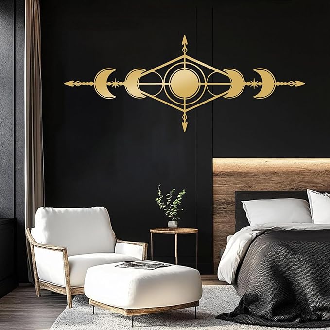 Hfrolixit Moon Phase Metal Wall Decor, Boho Moon Metal Wall Art, Celestial Wall Decor, Scandinavian Natural Wall Art, Astrology Wall Hanging (Gold, 53"x21"/135x54cm)