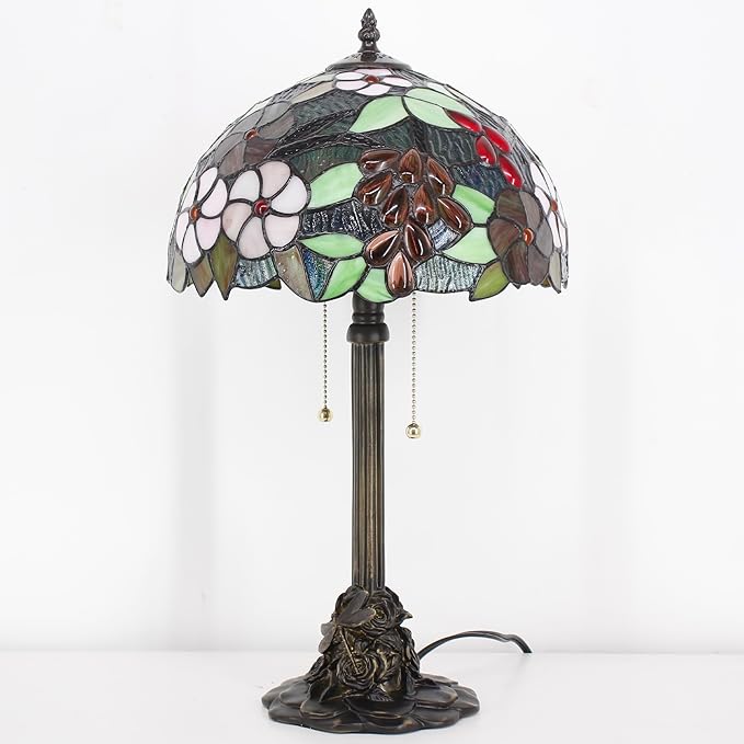 Tiffany Stained Glass Table Lamp 12X12X21Inch Resin Base Desk Bedroom Living Room Reading Light(Purple Grape Style)