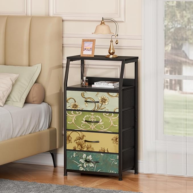 Furnulem Retro Dresser for Bedroom, Small Dresser for Closet, Vintage Nightstand with 4 Drawers, Fabric Storage Organizer Bedside Table Side Furniture, Metal Frame, Wood Top