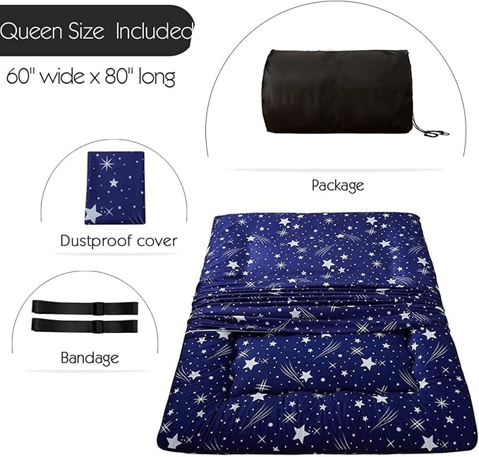 MAXYOYO Navy Starry Sky Japanese Floor Futon Mattress, Tatami Floor Mat Portable Camping Mattress Kids Sleeping Pad Foldable Rolling Up Floor Lounger Couch Bed Queen with Mattress Protector Cover