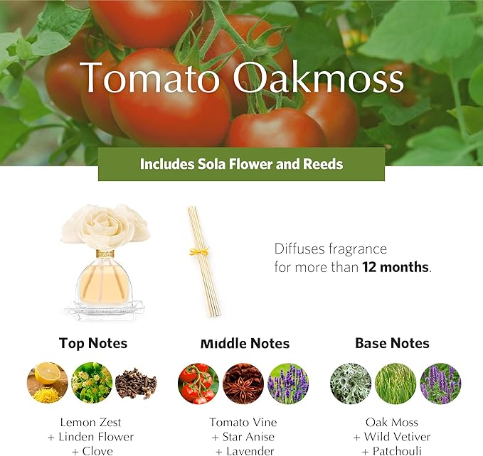 Agraria Monique Lhuillier Tomato Oakmoss AirEssence Fragrance Reed Diffuser, 7.4 Oz, Fresh Alluring Sola Flower Earthy Scent Diffusers for Home