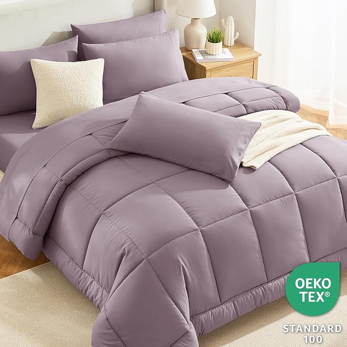 CozyLux King Size Comforter Set Dusty Purple - 7 Pieces Bed in a Bag Dusty Purple Comforter King Size, Bedding Set with All Season Quilted Comforter, Flat Sheet, Fitted Sheet, Pillowcases