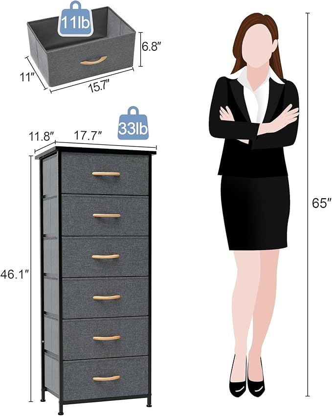 Crestlive Products Vertical Dresser Storage Tower - Sturdy Steel Frame, Wood Top, Easy Pull Fabric Bins, Handles Organizer Unit for Bedroom, Hallway, Entryway, Closets 6 Drawers (Gray)