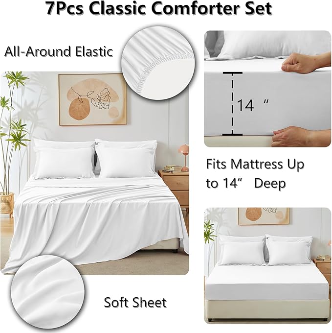 CozyLux Queen Comforter Set White - Bed in a Bag Queen Size 7 Pieces, Luxury Soft Bed Set for All Seasons, Bedding Set with Down Alternative Comforter, Sheets, Pillowcases & Shams