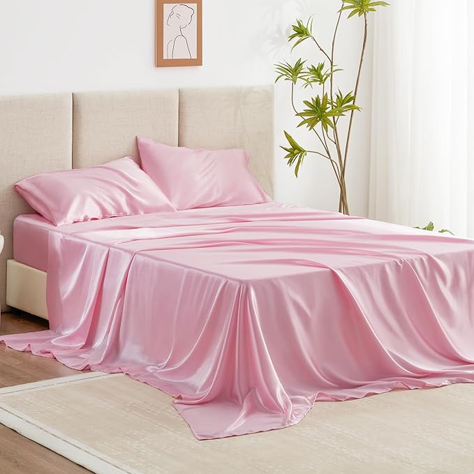 Love's cabin Satin King Sheet Sets - 4 Piece Pink Silky Sheets King Size Bed Set with Deep Pocket, Luxury Silk Feel King Size Satin Sheet Set (1 Flat Sheet,1 Fitted Sheet,2 Pillow Cases)