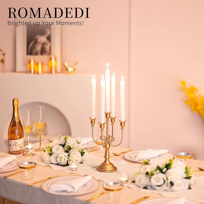 Romadedi Candelabra Gold Candle Holders - 5 Arm 11.8" Wedding Candlestick Holder for Theme Party Table Centerpiece Decor Dining Room Birthday Holiday Christmas, Set of 2