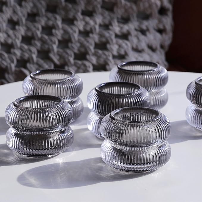 Woho Smoke Grey Votive Candle Holders Set of 6, Vintage Ribbed Tealight Candle Holder for Daily Home Decor, Classy Tea Light Candle Holder Glass for Living Room Table Decor(Grey, 2.1" H X 2.75" D)