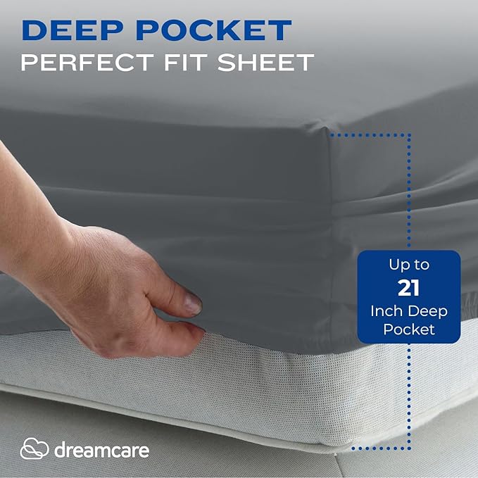 DREAMCARE California King Sheet Sets – 4 pcs Cooling Sheets – up to 21” Deep Cal King Sheets – Hotel Luxury Sheets & Pillowcases – Superior Softness 100% Fine Microfiber with Side Pocket – Dark Gray