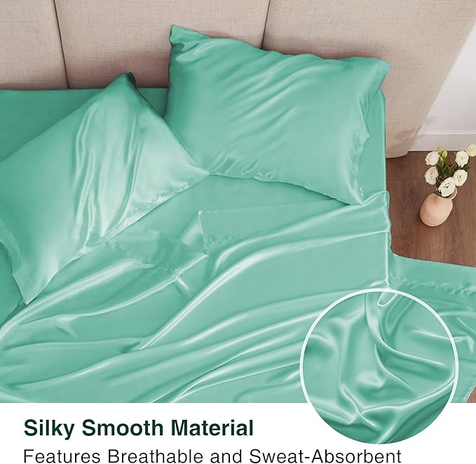 Love's cabin California King Satin Sheet Sets - 4 Piece Aqua Silky Sheets Bed Set with Deep Pocket, Luxury Silk Feel Satin Cal King Sheet Set (1 Flat Sheet,1 Fitted Sheet,2 Pillow Cases)