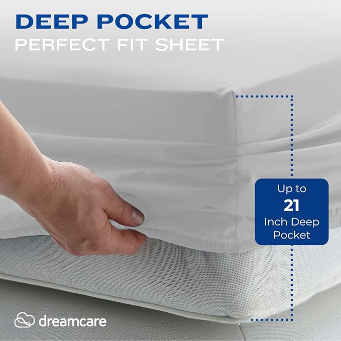 DREAMCARE Queen Sheet Set – 4 pcs Cooling Sheets – up to 21” Extra Deep Pocket Queen Sheets – Hotel Luxury Sheets & Pillowcases – Superior Softness 100% Fine Microfiber with Side Pocket – Light Gray