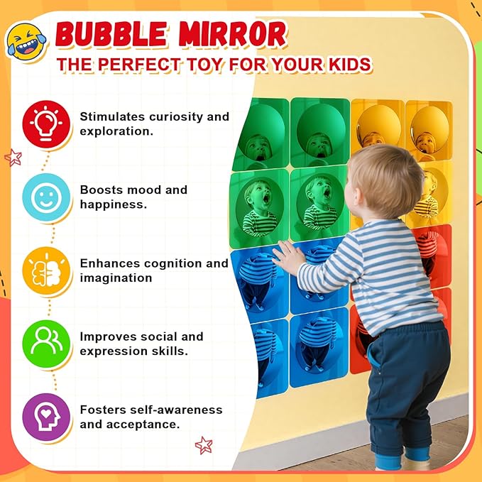 Geiserailie 16 Pcs Christmas Sensory Wall Mirror Acrylic Bubble Mirror Toys for Classroom Calming Corner Items - Sensory Room Have Visual, Tactile Stimulation (6 x 6 Inch,Mixed Color)