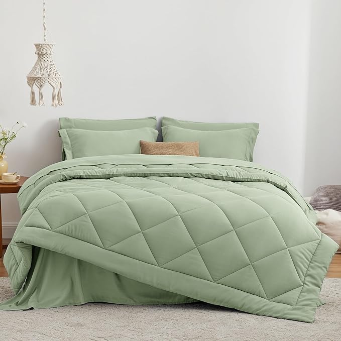Love's cabin California King Comforter Set Sage, 7 Pieces California King Bed in a Bag, All Season Bedding Sets with 1 Comforter, 1 Flat Sheet, 1 Fitted Sheet, 2 Pillowcase and 2 Pillow Sham