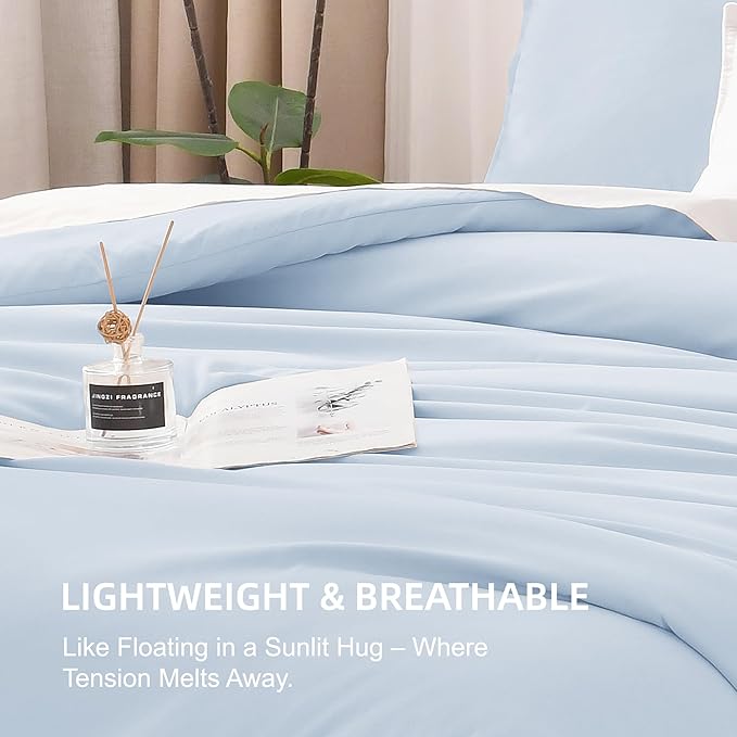 Litanika Comforters Light Blue Queen Size, 3 Pieces Lightweight Solid Bedding Comforter Set, All Season Fluffy Bed Set (90x90In Comforter & 2 Pillowcases)