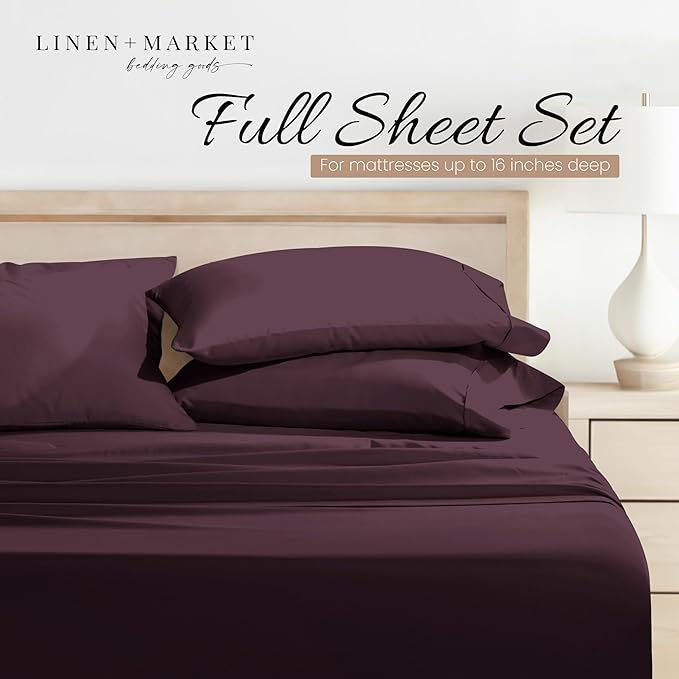 Linen Market Double-Brushed Microfiber Full Sheet Set 4 Piece – Oeko-TEX Certified Ultra Soft & Wrinkle-Free - 16" Deep Pocket Sheets - Easy Care Full Size - Purple