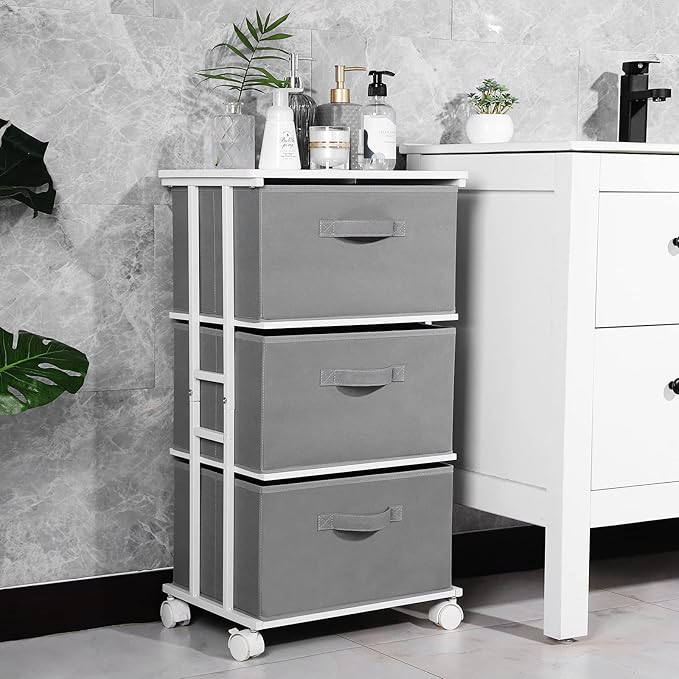 MAX Houser Dresser Tower with 3 Drawers,Fabric Dresser Drawer Organizer Unit,Dresser Chest with Wood Top,Vertical Storage Dresser,Small Dresser for Bedroom,Office-Dark Grey
