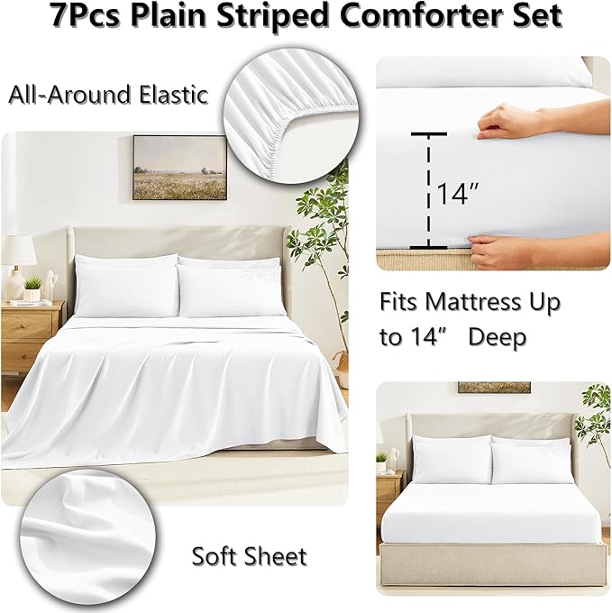 CozyLux Full Size Comforter Sets White, 7 Pieces Bed in a Bag, White Comforter Full Size, All Season Bedding Sets with Stitch Quilted Comforter, Flat Sheet, Fitted Sheet, Pillowcases