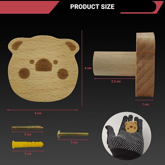 4PCS Wooden Pig Shaped Cabinet Knobs, Cabinet Handles, Single Hole Beech Wood Handles, Wood Hooks with Full Set of Screw Accessories