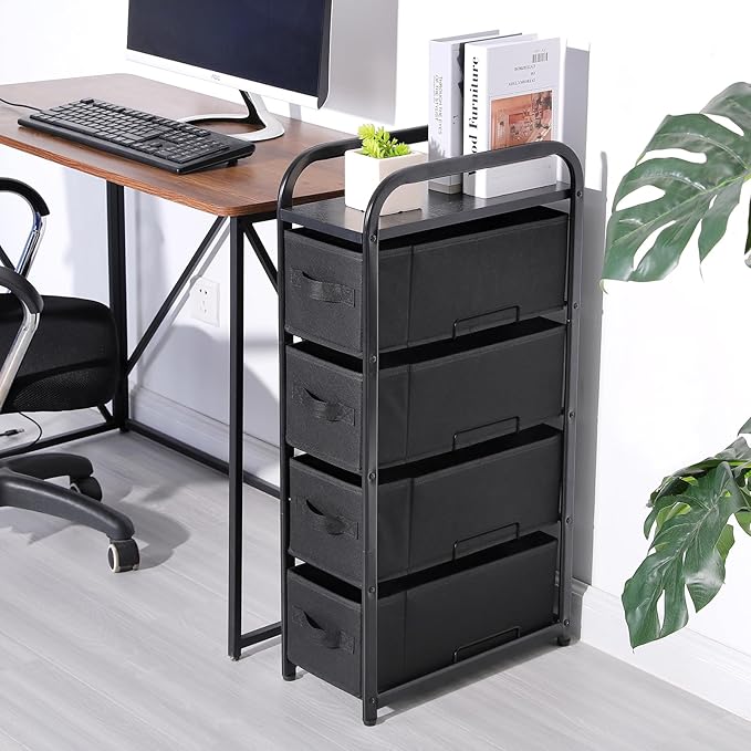 MAX Houser 4 Drawer Narrow Dresser Fabric Storage Tower Vertical Slim Storage Chest Organizer Nightstand Side/End Table Small Standing Organizer Removable Drawers Wood Top for Bedroom, Bathroom（Black)