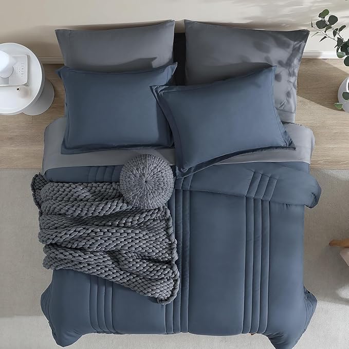 Monbix Twin XL Size Comforter Set - Extra Long 5 Pieces Dorm Bedding Sets, Quilting Design Fluffy Bed in a Bag Twin XL with Sheets, Pillowcase & Sham(Blue Grey)