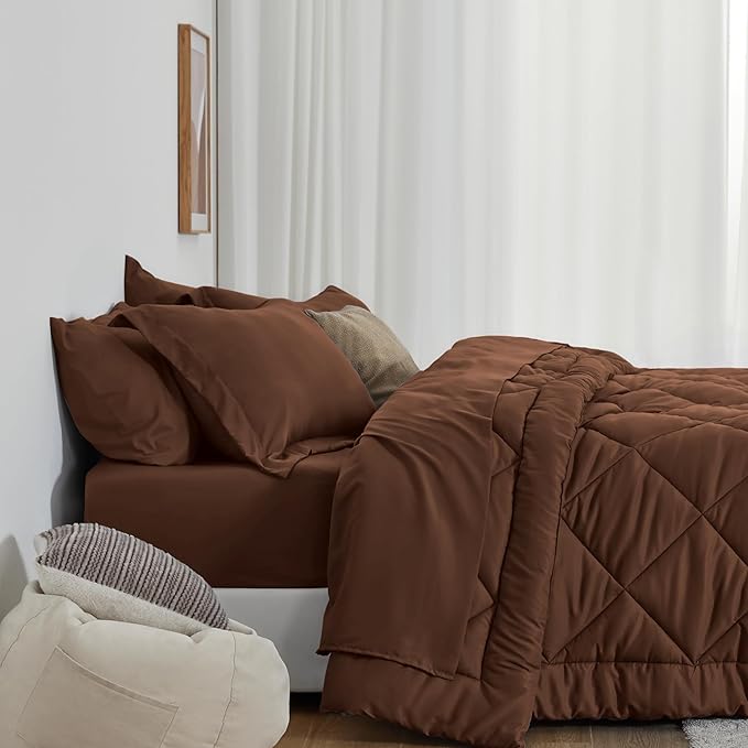 Love's cabin California King Comforter Set Brown, 7 Pieces California King Bed in a Bag, All Season Bedding Sets with 1 Comforter, 1 Flat Sheet, 1 Fitted Sheet, 2 Pillowcase and 2 Pillow Sham