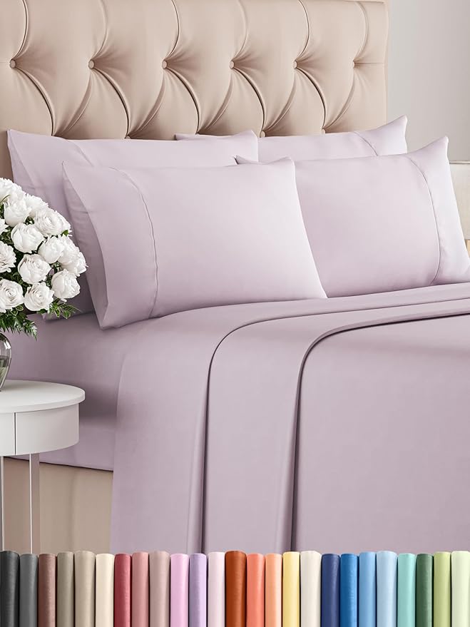 Cal King 6 Piece Sheet Set - Comfy Breathable & Cooling - Soft Hotel Luxury Bedding Set w/ 8-16 Inch Deep Pockets - 1 Flat & 1 Fitted Sheet & 4 Pillowcases - Wrinkle Free & Easy Care - Light Lavender