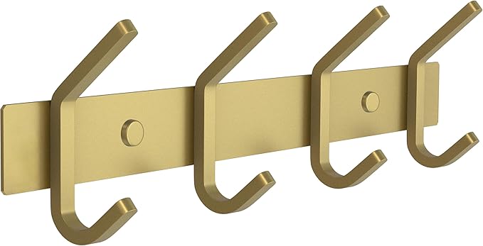 Brushed Gold Wall Mounted Coat Rack – 12 Inch Stainless Steel Rail with 4 Double Coat Hooks for Entryway, Bathroom, Bedroom, Kitchen – Modern Gold Hook Rack for Coats, Hats, Towels