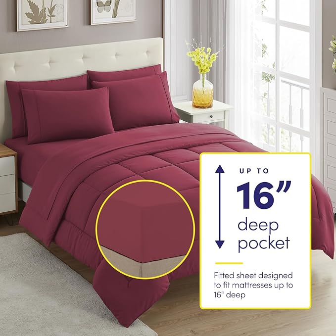 Sweet Home Collection 7 Piece Comforter Set Bag Solid Color All Season Soft Down Alternative Blanket & Luxurious Microfiber Bed Sheets, Burgundy, Twin XL (Pack of 4)