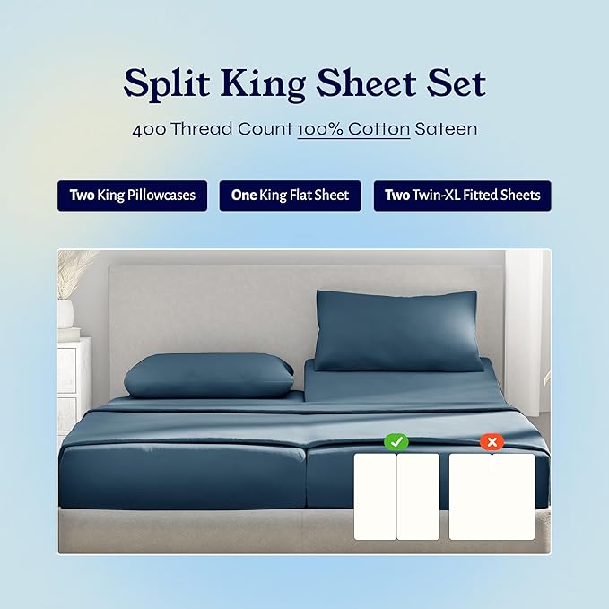 California Design Den Split King Sheets Sets for Adjustable Bed - Soft 100% Cotton Sheets, 400 Thread Count Sateen, Deep Pockets, Cool and Durable Bedding, Beats Egyptian Cotton Claims - Peacock Blue